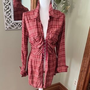 We The Free Red Plaid Lace-Up Button Down Shirt